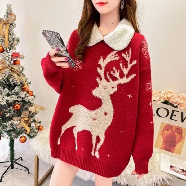 sweet red christmas sweater for women warm faux lamb fur collar oversize pullover fawn print sweaters women's, White;black
sweet red christmas sweater for women warm faux lamb fur collar oversize pullover fawn print sweaters women's, White;black