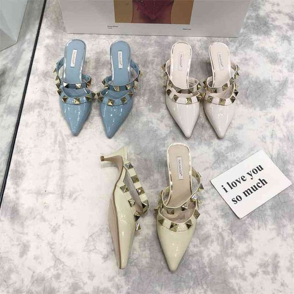 patent blue 2021 baotou half slippers women wear thin heel rivets high button belt pointed liu ding, Black
patent blue 2021 baotou half slippers women wear thin heel rivets high button belt pointed liu ding, Black