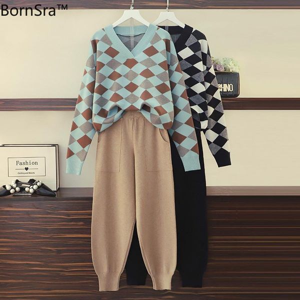 women's tracksuits bornsra l-4xl plus size 2 piece set women knitted suit plaid sweater v neck knit pullovers loose pants, Gray
women's tracksuits bornsra l-4xl plus size 2 piece set women knitted suit plaid sweater v neck knit pullovers loose pants, Gray