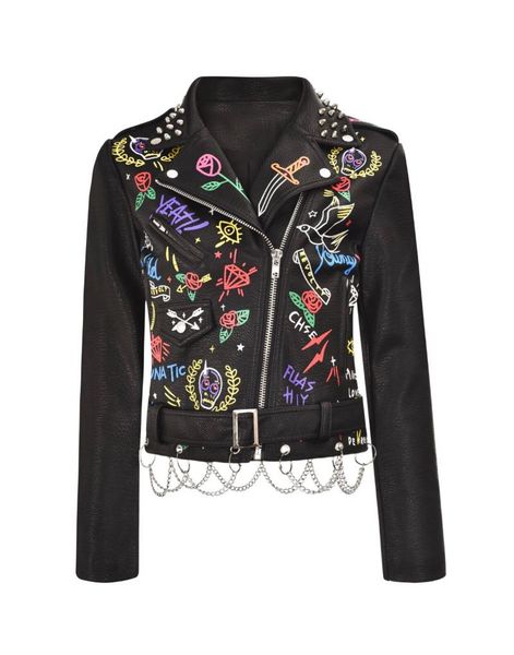 women's leather & faux heavy industry rivet bead pulleather jacket graffiti collision color printed motorcycle and coat punk street, Black
women's leather & faux heavy industry rivet bead pulleather jacket graffiti collision color printed motorcycle and coat punk street, Black