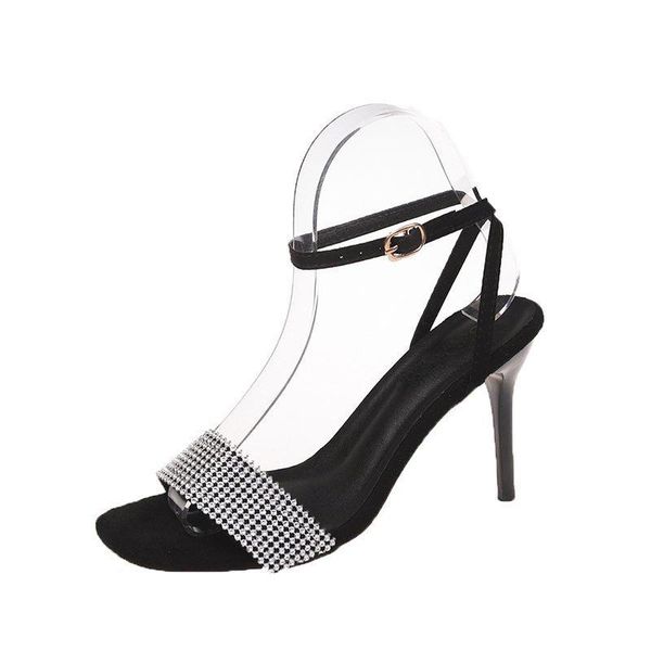 dress shoes female rhinestone slim high heel one line sandals 2021 summer european and american peep toe buckle women's fashion, Black 
dress shoes female rhinestone slim high heel one line sandals 2021 summer european and american peep toe buckle women's fashion, Black
