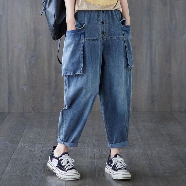 women's jeans 2021 spring summer arts style women elastic waist casual vintage blue big pocket loose cotton denim harem pants v387
women's jeans 2021 spring summer arts style women elastic waist casual vintage blue big pocket loose cotton denim harem pants v387