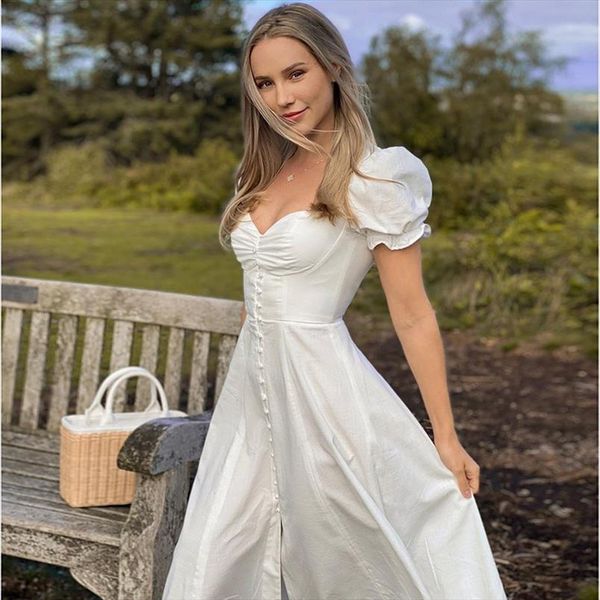 puff sleeve a line party women dresses midi white high split summer street, Black;gray
puff sleeve a line party women dresses midi white high split summer street, Black;gray