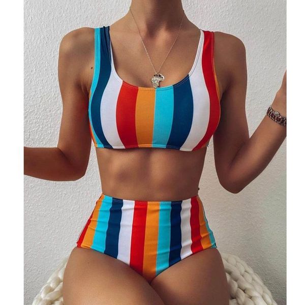 women rainbow striped high waist bandeau bikini set 2021 summer beach wear biquini bathing suit swimming 2 piece swimsuit women's swimw, White;black
women rainbow striped high waist bandeau bikini set 2021 summer beach wear biquini bathing suit swimming 2 piece swimsuit women's swimw, White;black