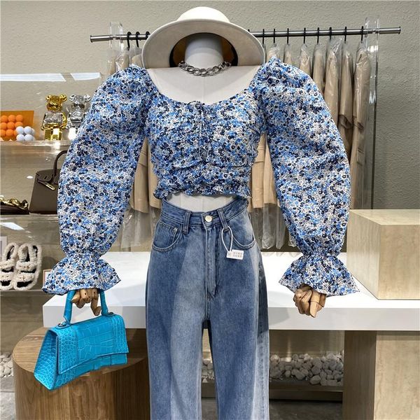 women's t-shirt brand original design 2021 fresh floral square collar and flared sleeves pleated fit top, White
women's t-shirt brand original design 2021 fresh floral square collar and flared sleeves pleated fit top, White