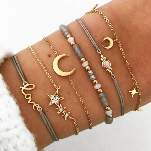 link, chain 6pcs/set personality moon star crystal pendant bracelet vintage stone love rope bracelets sets lady female accessories, Black
link, chain 6pcs/set personality moon star crystal pendant bracelet vintage stone love rope bracelets sets lady female accessories, Black