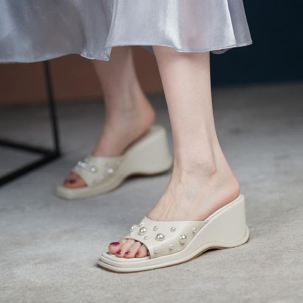 slippers summer women genuine leather cowhide 7cm wedges non-slip soles pearl shoes european minimalist outside slides, Black
slippers summer women genuine leather cowhide 7cm wedges non-slip soles pearl shoes european minimalist outside slides, Black