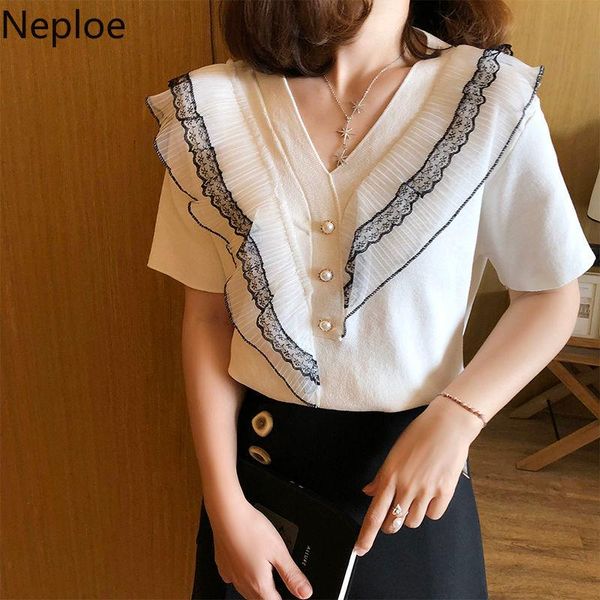 women's t-shirt neploe short sleeve knitted t shirts women korean office ladies temperament tees v neck ruffle patchwork lace mujer, White
women's t-shirt neploe short sleeve knitted t shirts women korean office ladies temperament tees v neck ruffle patchwork lace mujer, White