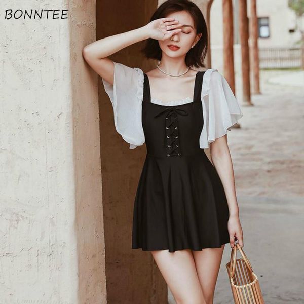 women cover-up summer beachwear sweet french style vintage square collar patchwork lace-up ruffles backless chic ins women's swimwear, White;black
women cover-up summer beachwear sweet french style vintage square collar patchwork lace-up ruffles backless chic ins women's swimwear, White;black