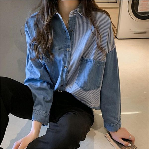 women's blouses & shirts women turn down collar striped patchwork blue blouse denim clothing haut chemise femme long sleeve loose plus, White
women's blouses & shirts women turn down collar striped patchwork blue blouse denim clothing haut chemise femme long sleeve loose plus, White