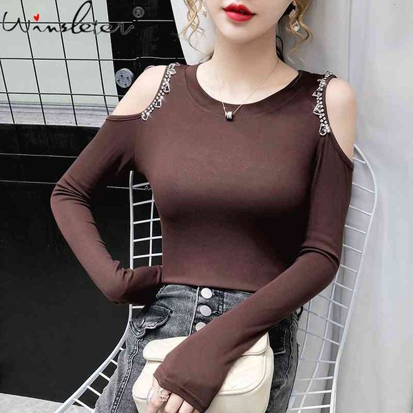 women's t-shirt spring fall korean style solid o-neck off shoulder shiny beading ropa mujer all match cotton tees t0n212, White
women's t-shirt spring fall korean style solid o-neck off shoulder shiny beading ropa mujer all match cotton tees t0n212, White