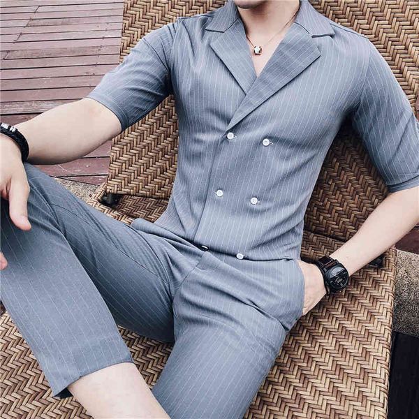 men's casual shirts black white british stripe double breasted + pant suit summer grey blue set smoking uomo trajes de hombre wx8t, White;black
men's casual shirts black white british stripe double breasted + pant suit summer grey blue set smoking uomo trajes de hombre wx8t, White;black