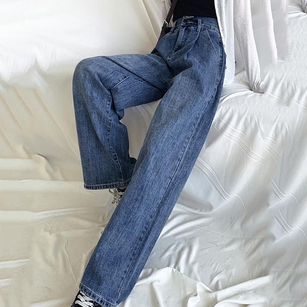 women retro straight leg thin tall mopping trousers high waist jeans 2021 spring wide-leg pants women's, Blue 
women retro straight leg thin tall mopping trousers high waist jeans 2021 spring wide-leg pants women's, Blue