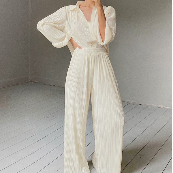 spring and summer fashionable loose long sleeve shirt women stripe design wide legs pants two piece set rc319 210525, White 
spring and summer fashionable loose long sleeve shirt women stripe design wide legs pants two piece set rc319 210525, White