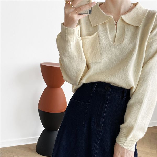 lapel autumn solid color oversized sweater women's lazy wind design sense outer wear pullover knitted for fashion 210520, White;black
lapel autumn solid color oversized sweater women's lazy wind design sense outer wear pullover knitted for fashion 210520, White;black