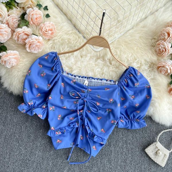 women's t-shirt summer women short sleeve drawstring slim elastic square collar floral blouses sweet crop xqk7, White
women's t-shirt summer women short sleeve drawstring slim elastic square collar floral blouses sweet crop xqk7, White