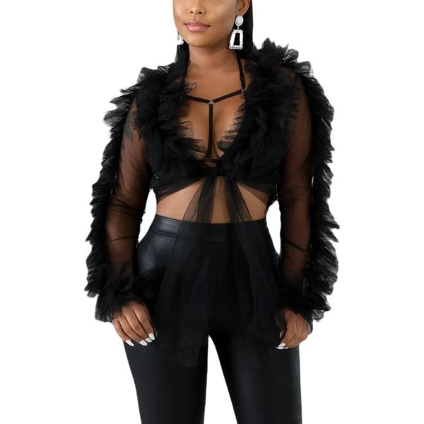 women's blouses & shirts fashion mesh sheer ladies low-cut long sleeve perspective midriff-baring lace-up cardigan solid color, White
women's blouses & shirts fashion mesh sheer ladies low-cut long sleeve perspective midriff-baring lace-up cardigan solid color, White
