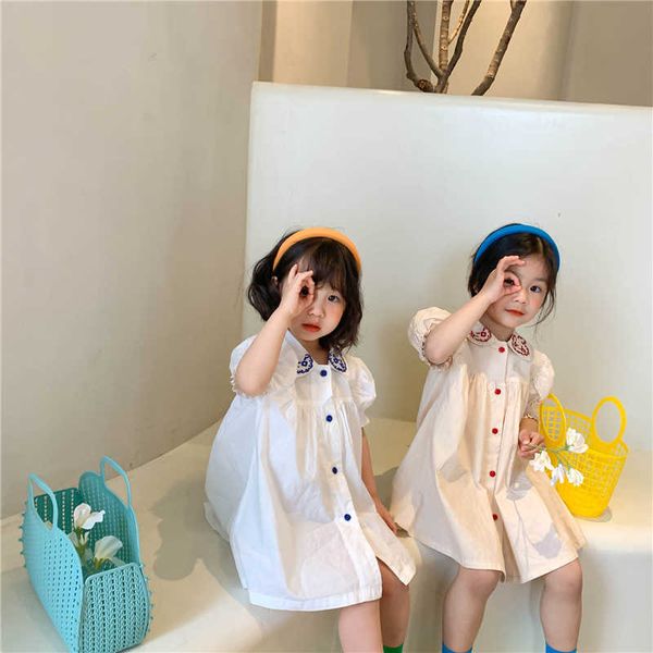 summer cute girls embroidery doll collar loose dress kids single breasted short sleeve princess clothes 210615, Red;yellow