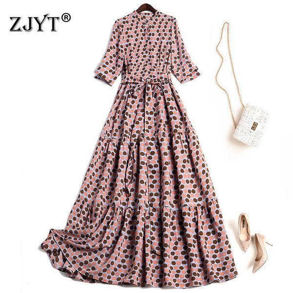 short sleeve vintage polka dot print women summer long dress runway designers elegant lace up holiday aline vestidos 210601, Black;gray
short sleeve vintage polka dot print women summer long dress runway designers elegant lace up holiday aline vestidos 210601, Black;gray