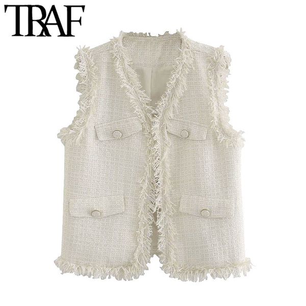 traf women fashion frayed tassel tweed waistcoat vintage v neck sleeveless female vest outerwear chic 210415, Black;white
traf women fashion frayed tassel tweed waistcoat vintage v neck sleeveless female vest outerwear chic 210415, Black;white