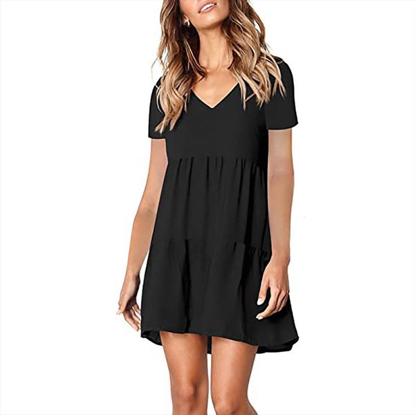 summer fashion solid color women dress v neck short sleeve casual swing loose midi robes, Black;gray
summer fashion solid color women dress v neck short sleeve casual swing loose midi robes, Black;gray