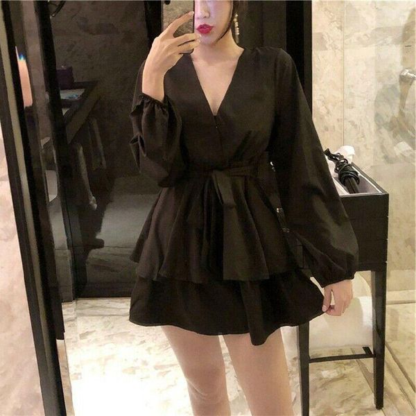 v neck puff women spring summer solid dress long sleeve mini party ruffles elegant clothes casual dresses, Black;gray
v neck puff women spring summer solid dress long sleeve mini party ruffles elegant clothes casual dresses, Black;gray
