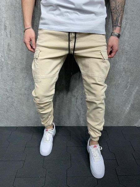 premium cargo pants elastic leg beige gabardine men's jeans, Blue