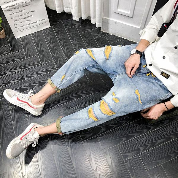 men's jeans summer ripped trendy brand personality contrast color ankle length loose loopholes beggar pants thin trousers, Blue
men's jeans summer ripped trendy brand personality contrast color ankle length loose loopholes beggar pants thin trousers, Blue