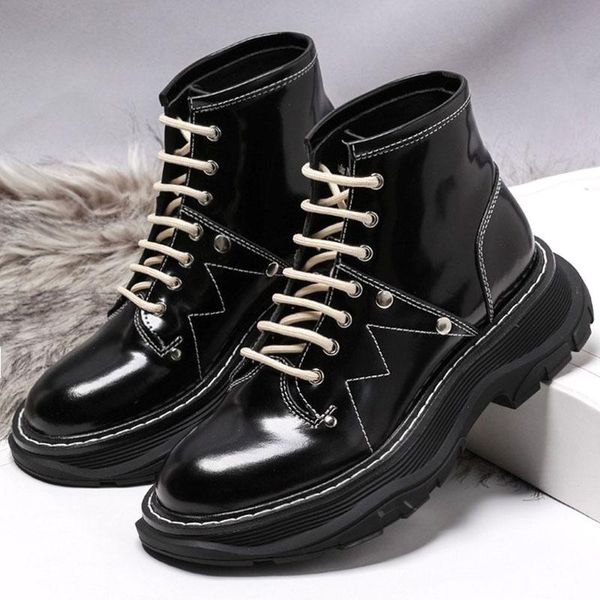 boots women leather autumn winter lace-up patent thick-soled british style short fashion shoes, Black