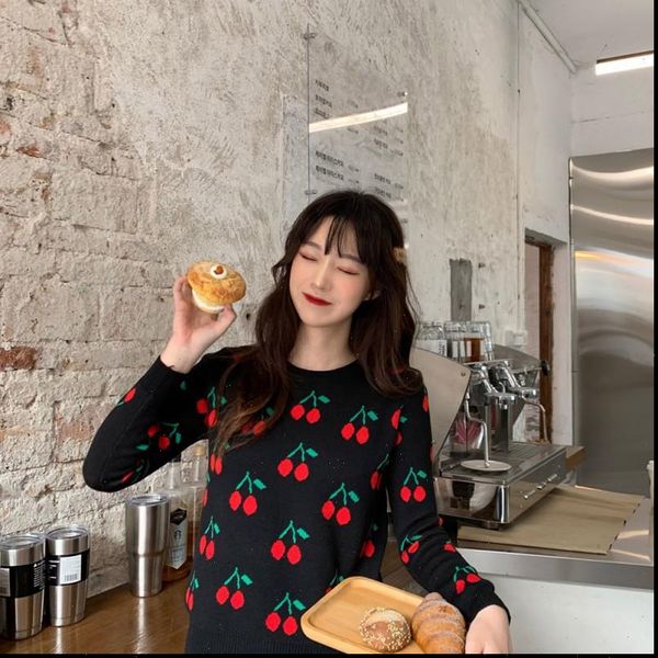 women cherry sweater vintage pullover female knitted jumper autumn oversize casual ladies overalls drop high quality, White;black
women cherry sweater vintage pullover female knitted jumper autumn oversize casual ladies overalls drop high quality, White;black