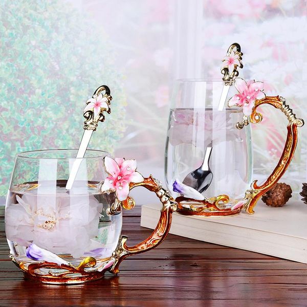 lily flower enamel glass cup with spoon heat-resistant hand grip style juice coffee cups for birthday valentine's day gift wine glasses
lily flower enamel glass cup with spoon heat-resistant hand grip style juice coffee cups for birthday valentine's day gift wine glasses