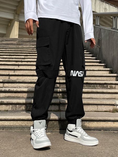 men letter graphic flap pocket side cargo pants h9jt#, Black