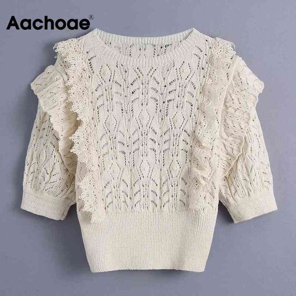 women elegant o neck knitted cropped sweater ruffles short sleeve chic pullover jumper casual hollow out summer 210413, White;black
women elegant o neck knitted cropped sweater ruffles short sleeve chic pullover jumper casual hollow out summer 210413, White;black