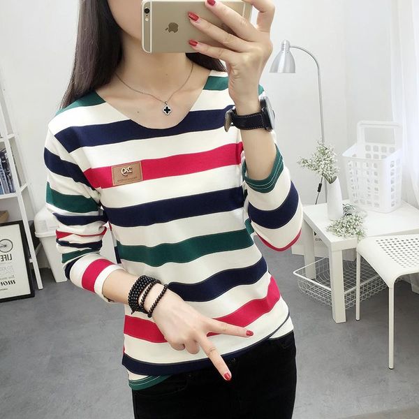 women's t-shirt korean spring female fashion long sleeve colorful stripe t shirt women kawaii student casual, White
women's t-shirt korean spring female fashion long sleeve colorful stripe t shirt women kawaii student casual, White