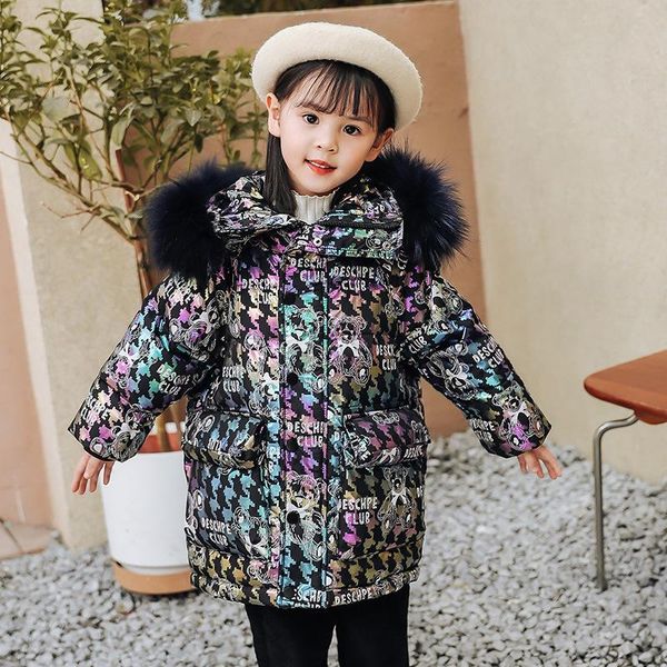 down coat fashion thick fur collar jacket for girls cute bear shinny duck windproof winter 2-5 years, Blue;gray 
down coat fashion thick fur collar jacket for girls cute bear shinny duck windproof winter 2-5 years, Blue;gray