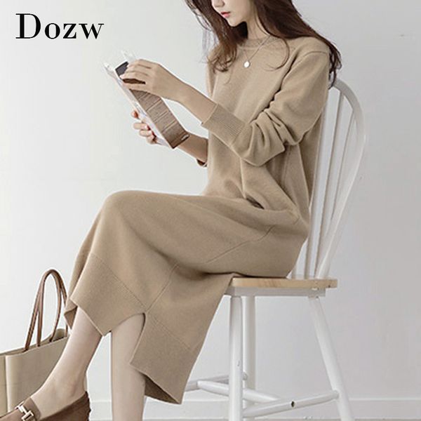 autumn winter elegant midi long knitted dress women o neck split loose casual dresses long sleeve sweater dress 210414, Black;gray
autumn winter elegant midi long knitted dress women o neck split loose casual dresses long sleeve sweater dress 210414, Black;gray