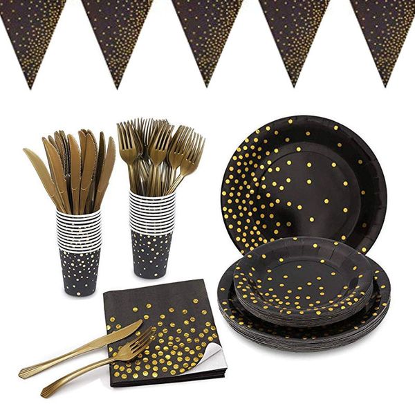 selling anniversary black bronzing dot party set gold paper cup tray flag
selling anniversary black bronzing dot party set gold paper cup tray flag