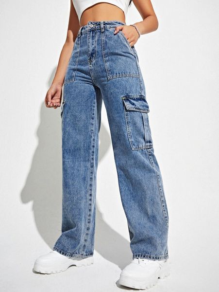 high waisted flap pocket cargo jeans i3xy#, Blue