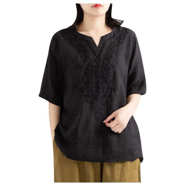 women's t-shirt vintage embroidery loose daily casual solid color short sleeve v-neck summer pullover, White
women's t-shirt vintage embroidery loose daily casual solid color short sleeve v-neck summer pullover, White