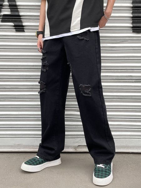 men ripped frayed straight leg jeans x3cs#, Blue