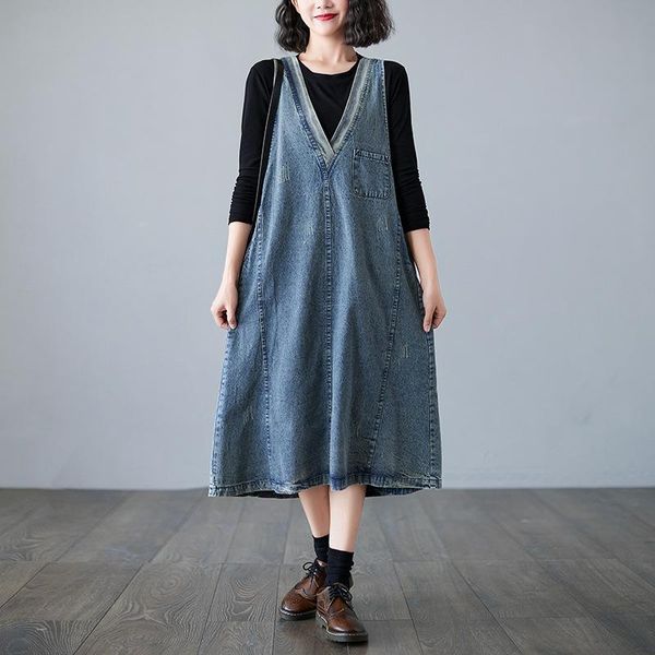casual dresses vanovich korean style loose slim plus size denim strap dress 2021 autumn and winter long women, Black;gray 
casual dresses vanovich korean style loose slim plus size denim strap dress 2021 autumn and winter long women, Black;gray