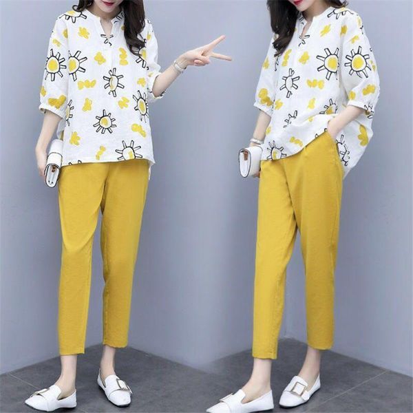 s-3xl spring summer yellow two piece sets women plus size blouses shirts and pants suits casual fashion elegant korean set dress, White
s-3xl spring summer yellow two piece sets women plus size blouses shirts and pants suits casual fashion elegant korean set dress, White
