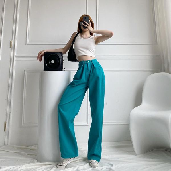 women's jeans 2021 spring autumn woman buckle high waist loose straight wide leg sweet cool simple fashion vintage mopping pants, Blue
women's jeans 2021 spring autumn woman buckle high waist loose straight wide leg sweet cool simple fashion vintage mopping pants, Blue