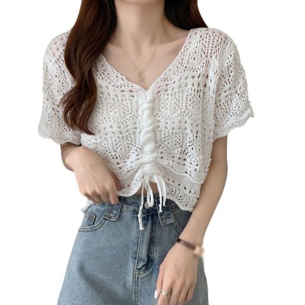 women's t-shirt daxin summer female thin draw rope tshirt hollowing sunscreen shirt short-sleeved tee women v-neck crop top, White
women's t-shirt daxin summer female thin draw rope tshirt hollowing sunscreen shirt short-sleeved tee women v-neck crop top, White