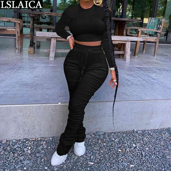 2 peice set women solid long sleeve o neck crop drawstring stacked pants sweatsuit autumn casual outfits slim tracksuit ropa 210520, White 
2 peice set women solid long sleeve o neck crop drawstring stacked pants sweatsuit autumn casual outfits slim tracksuit ropa 210520, White