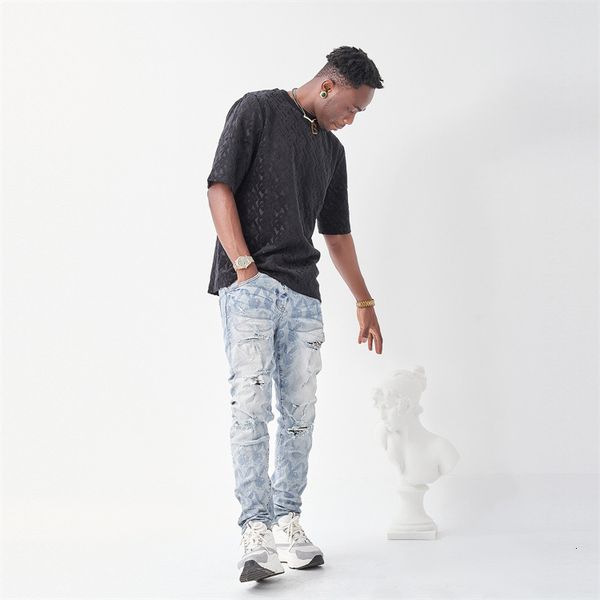 am pierced jeans men's printed bunny summer thin slim leggings casual pants, Blue