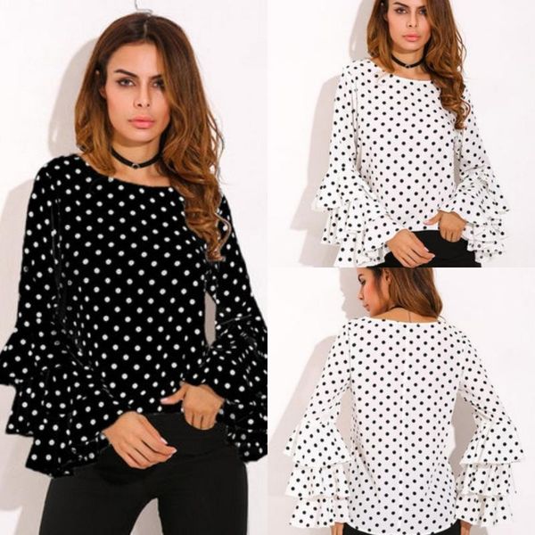 women's t-shirt 2021 polka dot flared sleeve cuffs ruffled thin round neck chiffon shirt shirts for women, White
women's t-shirt 2021 polka dot flared sleeve cuffs ruffled thin round neck chiffon shirt shirts for women, White