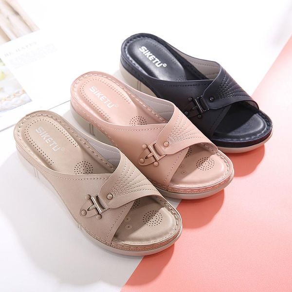 slippers summer leather soft-soled beach women's lightweight and comfortable mid-heel wedges non-slip open-toe sandals, Black
slippers summer leather soft-soled beach women's lightweight and comfortable mid-heel wedges non-slip open-toe sandals, Black