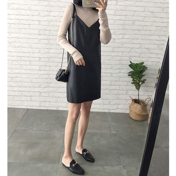 es swyivy v-neck women's black leather pu dress casual 2019 female over ankle shorts, Black;gray
es swyivy v-neck women's black leather pu dress casual 2019 female over ankle shorts, Black;gray