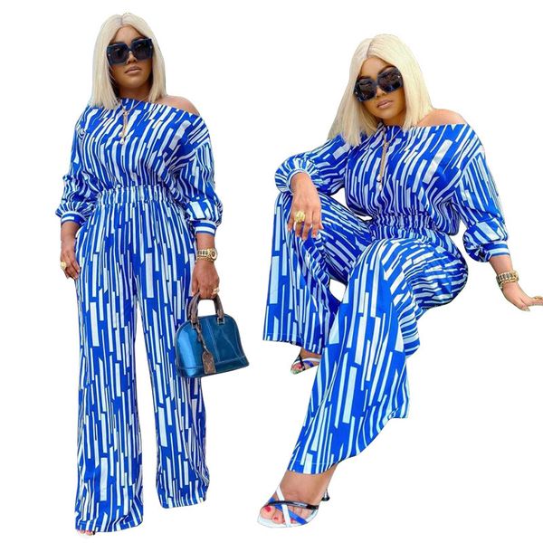 women's tracksuits 4xl plus size tracksuit women two piece set spring summer clothes striped print slash neck and wide leg pan, Gray